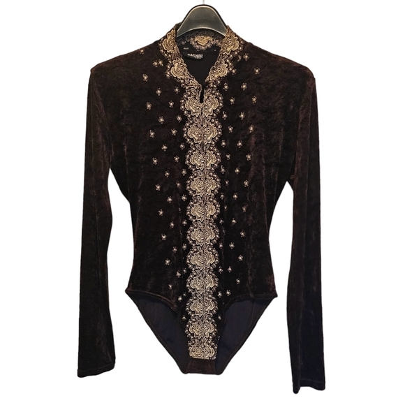 Sagaie Paris velvet bodysuit strachy brown gold color embroidery size small - Picture 1 of 5